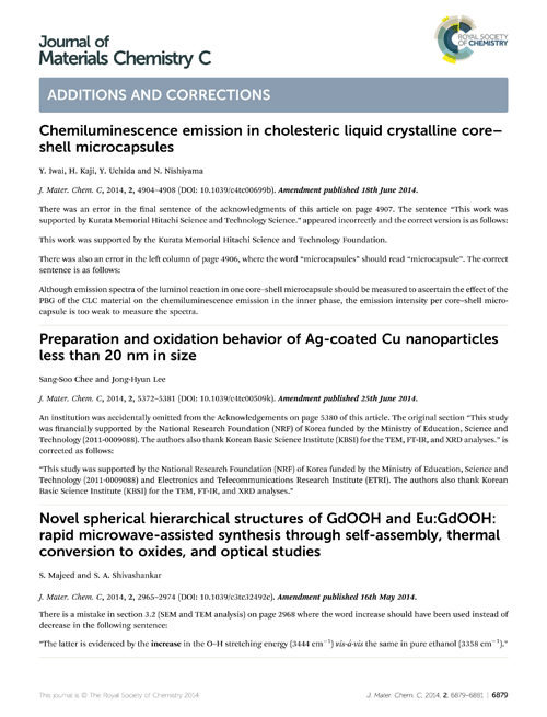 Additions and corrections for Journal of Materials Chemistry C published 12th March 2014 to 25th June 2014