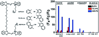 Graphical abstract: A comparative study for recognizing G-quadruplexes using dimeric cyanine dyes with different sizes of aromatic substituents