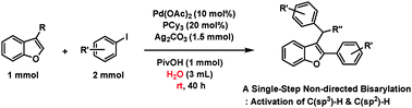Graphical abstract: Palladium-catalyzed bisarylation of 3-alkylbenzofurans to 3-arylalkyl-2-arylbenzofurans on water: tandem C(sp3)–H and C(sp2)–H activation reactions of 3-alkylbenzofurans