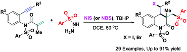 Graphical abstract: A new cascade halosulfonylation of 1,7-enynes toward 3,4-dihydroquinolin-2(1H)-ones via sulfonyl radical-triggered addition/6-exo-dig cyclization