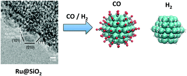 Graphical abstract: Predictive morphology, stoichiometry and structure of surface species in supported Ru nanoparticles under H2 and CO atmospheres from combined experimental and DFT studies