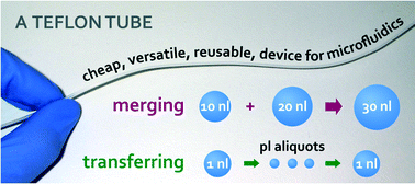 Graphical abstract: Merging drops in a Teflon tube, and transferring fluid between them, illustrated by protein crystallization and drug screening
