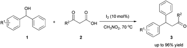 Graphical abstract: Decarboxylative substitution of β-keto acids to benzylic alcohols catalyzed by molecular iodine
