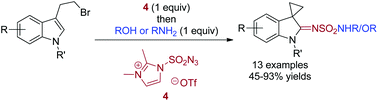 Graphical abstract: Facile synthesis of aza-spirocyclopropanyl oxindoles by the reaction of 3-(2-bromoethyl)-indole with 2,3-dimethylimidazole-1-sulfonyl azide triflate
