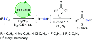 Graphical abstract: Polyethylene glycol-400/H3PO2: an eco-friendly reductive system for the synthesis of selanylesters