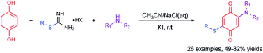 Graphical abstract: An efficient synthesis of 2-thio-5-amino substituted benzoquinones via KI catalyzed cascade oxidation/Michael addition/oxidation starting from hydroquinone