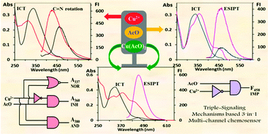 Graphical abstract: Triple-signaling mechanisms-based three-in-one multi-channel chemosensor for discriminating Cu2+, acetate and ion pair mimicking AND, NOR, INH and IMP logic functions