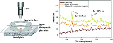 Graphical abstract: Ultrasensitive nanoparticle enhanced laser-induced breakdown spectroscopy using a super-hydrophobic substrate coupled with magnetic confinement