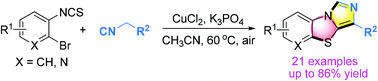Graphical abstract: A copper-catalyzed cascade reaction of o-bromoarylisothiocyanates with isocyanides leading to benzo[d]imidazo[5,1-b]thiazoles under ligand-free conditions