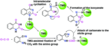 Graphical abstract: A mechanistic study on guanidine-catalyzed chemical fixation of CO2 with 2-aminobenzonitrile to quinazoline-2,4(1H,3H)-dione