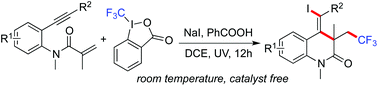 Graphical abstract: Synthesis of trifluoromethylated 3,4-dihydroquinolin-2(1H)-ones via a photo-induced radical cyclization of benzene-tethered 1,7-enynes with Togni reagent