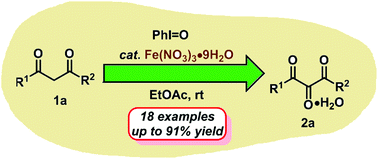 Graphical abstract: Iodosobenzene-mediated direct and efficient oxidation of β-dicarbonyls to vicinal tricarbonyls catalyzed by iron(iii) salts