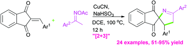 Graphical abstract: Synthesis of spiro[indane-1,3-dione-1-pyrrolines] via copper-catalyzed heteroannulation of ketoxime acetates with 2-arylideneindane-1,3-diones