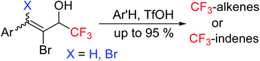 Graphical abstract: Brominated CF3-allyl alcohols as multicentered electrophiles in TfOH promoted reactions with arenes