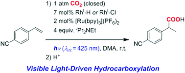 Graphical abstract: Construction of a visible light-driven hydrocarboxylation cycle of alkenes by the combined use of Rh(i) and photoredox catalysts