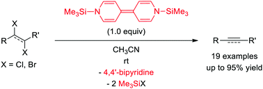 Graphical abstract: Dehalogenation of vicinal dihalo compounds by 1,1′-bis(trimethylsilyl)-1H,1′H-4,4′-bipyridinylidene for giving alkenes and alkynes in a salt-free manner