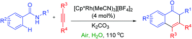 Graphical abstract: Synthesis of isoquinolones via Rh-catalyzed C–H activation of substituted benzamides using air as the sole oxidant in water