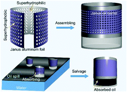 Graphical abstract: A Janus oil barrel with tapered microhole arrays for spontaneous high-flux spilled oil absorption and storage