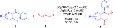 Graphical abstract: A cascade C–H functionalization/cyclization reaction of N-arylpyridin-2-amines with α,β-unsaturated aldehydes for the synthesis of dihydroquinolinone derivatives under rhodium catalysis