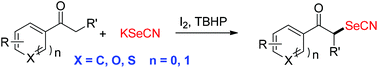 Graphical abstract: A novel metal-free method for the selenocyanation of aromatic ketones to afford α-carbonyl selenocyanates