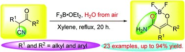 Graphical abstract: An expeditious method to synthesize difluoroboron complexes of β-keto amides from β-keto nitriles and BF3·OEt2