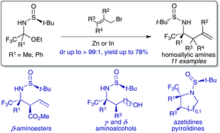 Graphical abstract: α-Trifluoromethylated tertiary homoallylic amines: diastereoselective synthesis and conversion into β-aminoesters, γ- and δ-aminoalcohols, azetidines and pyrrolidines