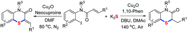 Graphical abstract: Copper-catalyzed highly selective synthesis of 2-benzyl- and 2-benzylidene-substituted benzo[b]thiazinones from 2-iodophenylcinnamamides and potassium sulfide