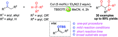 Graphical abstract: Copper-catalyzed aerobic oxidative coupling of ketones with P(O)–H compounds leading to β-ketophosphine oxides