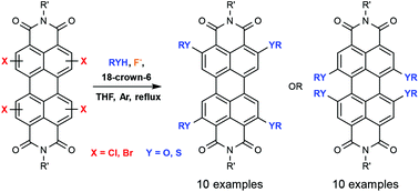Graphical abstract: Fluoride-mediated alkoxylation and alkylthio-functionalization of halogenated perylenediimides