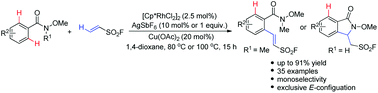 Graphical abstract: Rhodium(iii)-catalyzed Oxidative Coupling of N-Methoxybenzamides and Ethenesulfonyl fluoride: a C–H Bond Activation Strategy for the Preparation of 2-Aryl ethenesulfonyl fluorides and Sulfonyl fluoride Substituted γ-Lactams