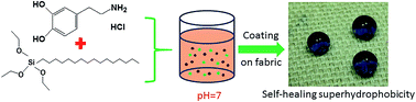 Graphical abstract: Durable, self-healing, superhydrophobic fabrics from fluorine-free, waterborne, polydopamine/alkyl silane coatings