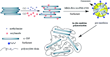 Graphical abstract: Preparation of a flame retardant phosphorus-containing polyacrylate/α-zirconium phosphate nanocomposite through in situ emulsion polymerization