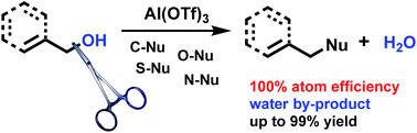 Graphical abstract: Protecting group-free use of alcohols as carbon electrophiles in atom efficient aluminium triflate-catalysed dehydrative nucleophilic displacement reactions
