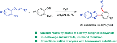 Graphical abstract: A domino reaction of 2-isocyanophenyloxyacrylate and aryne to synthesize arenes with vicinal olefin and benzoxazole