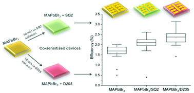 Graphical abstract: Improving the light harvesting and colour range of methyl ammonium lead tri-bromide (MAPbBr3) perovskite solar cells through co-sensitisation with organic dyes