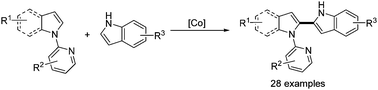 Graphical abstract: Cobalt-catalyzed cross-dehydrogenative coupling between N-(2-pyridyl) and free indoles for the synthesis of unsymmetrical 2,2′-biindoles