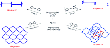 Graphical abstract: Tuning the dimensionality of organometallic–organic hybrid polymers assembled from [Cp2Mo2(CO)4(η2-P2)], bipyridyl linkers and AgI ions