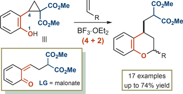 Graphical abstract: Donor–acceptor cyclopropanes as ortho-quinone methide equivalents in formal (4 + 2)-cycloaddition to alkenes