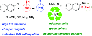 Graphical abstract: KIO3-catalyzed cross dehydrogenative coupling reaction: sulfenylation of phenol and arylamine derivatives in water at room temperature