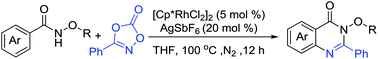Graphical abstract: Cp*Rh(iii)-catalyzed annulation of N-methoxybenzamide with 1,4,2-bisoxazol-5-one toward 2-aryl quinazolin-4(3H)-one derivatives