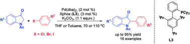 Graphical abstract: Palladium-catalyzed direct C(sp3)–H arylation of indole-3-ones with aryl halides: a novel and efficient method for the synthesis of nucleophilic 2-monoarylated indole-3-ones