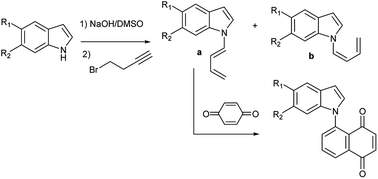 Graphical abstract: One-step preparation of novel 1-(N-indolyl)-1,3-butadienes by base-catalysed isomerization of alkynes as an access to 5-(N-indolyl)-naphthoquinones