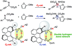 Graphical abstract: Enantioselective aza-Friedel–Crafts reaction of furan with α-ketimino esters induced by a conjugated double hydrogen bond network of chiral bis(phosphoric acid) catalysts