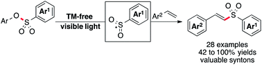 Graphical abstract: A mild light-induced cleavage of the S–O bond of aryl sulfonate esters enables efficient sulfonylation of vinylarenes