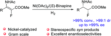 Graphical abstract: A cheap metal for a challenging task: nickel-catalyzed highly diastereo- and enantioselective hydrogenation of tetrasubstituted fluorinated enamides