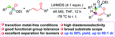 Graphical abstract: Transition metal-free access to 3,4-dihydro-1,2-oxaphosphinine-2-oxides from phosphonochloridates and chalcones through tandem Michael addition and nucleophilic substitution