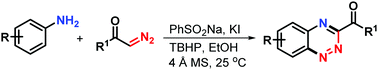 Graphical abstract: tert-Butyl peroxide (TBHP)/KI-mediated dual C(sp2)–H bond amination of arylamines with α-diazo carbonyls toward 1,2,4-benzotriazines