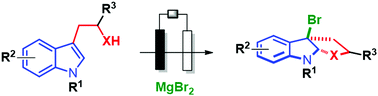 Graphical abstract: Electrochemical synthesis of 3a-bromofuranoindolines and 3a-bromopyrroloindolines mediated by MgBr2