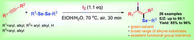 Graphical abstract: Organo-selenium mediated regio- and stereoselective iodoselenylation of alkynes in an aqueous medium: simple access to (E)-β-iodoalkenyl selenides