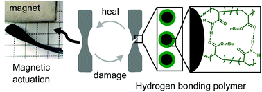 Graphical abstract: Self-healing magnetic nanocomposites with robust mechanical properties and high magnetic actuation potential prepared from commodity monomers via graft-from approach